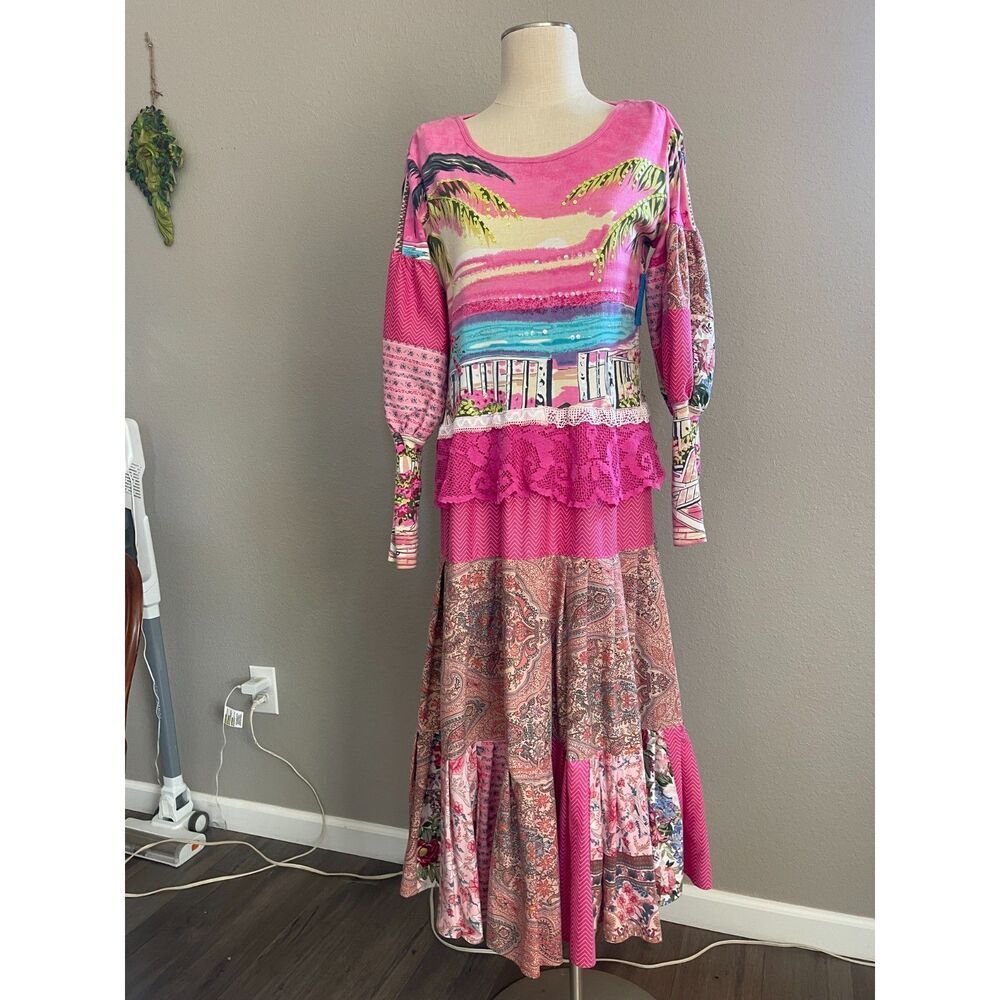 Upcycled Pink Boho shabby chic maxi dress with mutton chop sleeves Size M-L - Picture 5 of 5